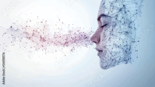 The image is a digital illustration depicting a stylized female profile. The face is composed of small, scattered musical notes in varying shades of blue and purple.  Notes appear to emanate from