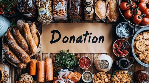 Food Donation Spread on Wooden Table