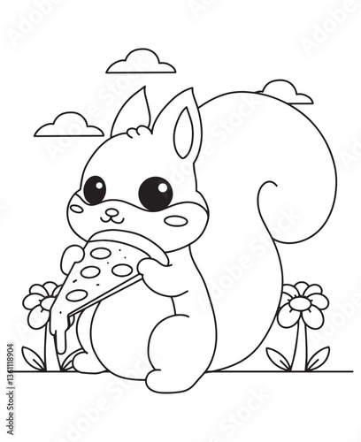 Coloring book squirrel eats a slice of pizza among flowers and clouds