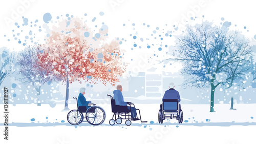 Stylized vector illustration depicting three elderly individuals in wheelchairs traversing a snowy park landscape.  The scene is rendered in soft pastel colors, primarily blues and oranges, with
