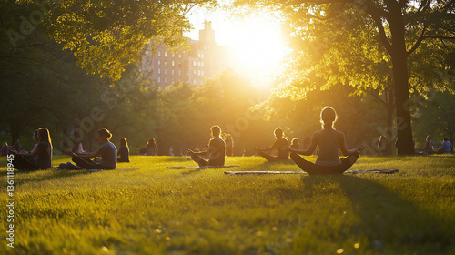 Diverse individuals in yoga poses at dawn, early morning sunlight creating a golden hue in the park, grass underfoot
