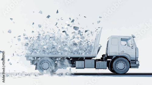 A three-quarter view of a light grey dump truck rendered in a style suggesting disintegration.  The truck is in motion, indicated by a motion blur effect.  The bed of the truck is releasing or
