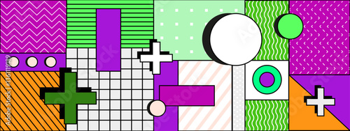 colorful abstract composition featuring geometric shapes and various patterns dynamic design memphis vector illustration