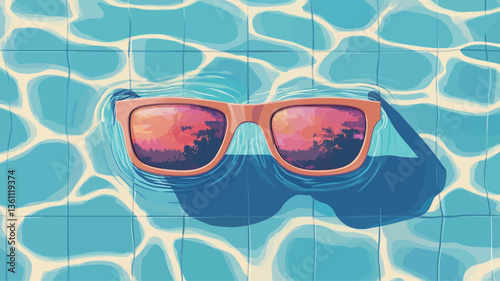 A digital illustration depicting a pair of sunglasses floating on the surface of a swimming pool. The sunglasses have a light brown frame and pink lenses reflecting a stylized sunset or tropical