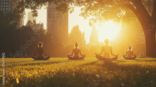 Diverse individuals in yoga poses at dawn, early morning sunlight creating a golden hue in the park, grass underfoot