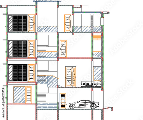 silhouette design vector illustration sketch of architectural engineering drawing of section view of modern minimalist multi-storey office building