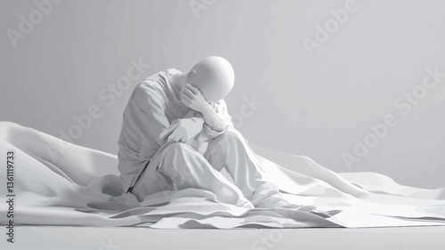 The image is a monochrome photograph or digital rendering of a white, sculpted human figure seated on a textured white surface.  The figure is hunched over, with its head bowed and hands covering