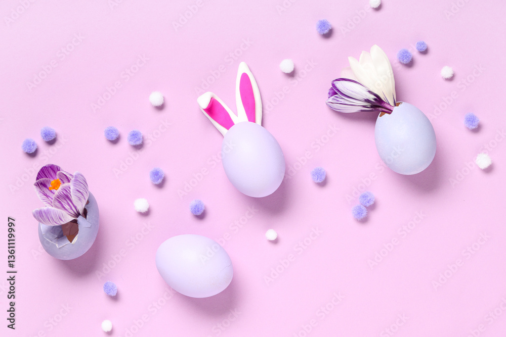 Easter eggs with bunny ears and crocus flowers on pink background Easter eggs with bunny ears and crocus flowers on pink background