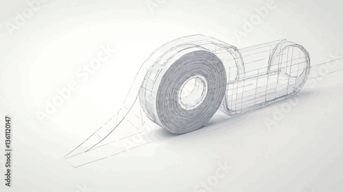A 3D render of a roll of tape depicted in a wireframe style. The image is minimalist, featuring a grey wireframe model of a tape roll and dispenser against a white background.  The tape is