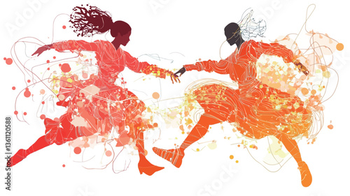 An illustration depicts two stylized figures, a woman with dark hair and a man with light skin, holding hands and appearing to leap or dance.  Their clothing is rendered in shades of orange and red