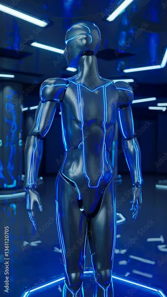 Futuristic humanoid robot with glowing blue lines in a sci-fi setting. Low-angle shot emphasizes its sleek design, resembling a video game character. Live mobile wallpaper.