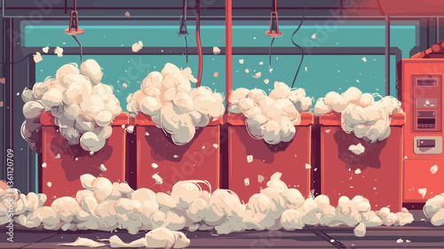 The image is a digital illustration featuring four red rectangular bins overflowing with large mounds of white foam. The foam has a soft, bubbly texture. The bins are positioned in a row, with a