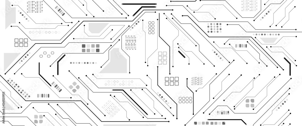 Vector technology lines circuit and dots on black and white background, circuit board network connection. Vector technology lines circuit and dots on black and white background, circuit board network connection.