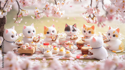 桜の下で宴会を楽しむ可愛い子猫たち