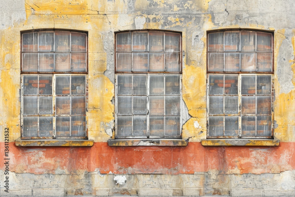 Fototapeta premium A weathered wall featuring three old windows with cracked paint and peeling layers, showcasing a blend of yellow and red hues.