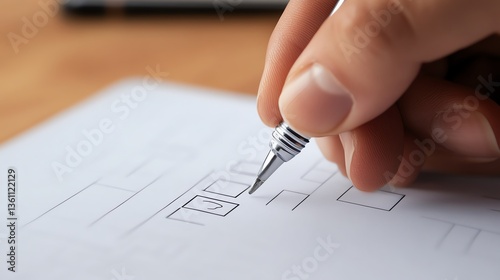 A close-up image of a hand holding a pen, sketching on a piece of paper