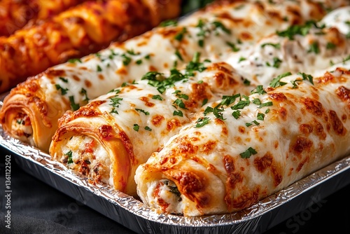 Delicious baked enchiladas topped with melted cheese and herbs in an oven tray at a festive gathering