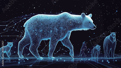 Digital illustration of a bear and its cubs rendered in a translucent, glowing style. The animals appear to be composed of constellations or starlight, set against a dark blue background speckled
