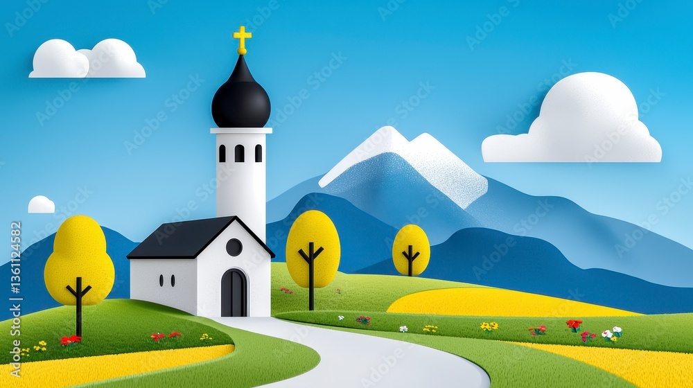 Naklejka premium Charming White Church in Yellow Fields and Mountain Scenery