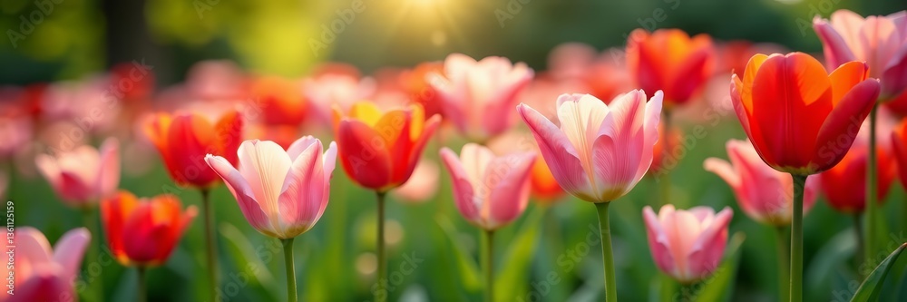 Daisy and tulip garden blooming in vibrant colors, vibrant, nature, garden Daisy and tulip garden blooming in vibrant colors, vibrant, nature, garden