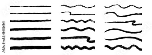 Straight and wave paint line set. Thin to thick sketch brush stroke collection. Rough charcoal curved stripes for highlight, underline, emphasis. Vector hand drawn long and short crayon chalk strips