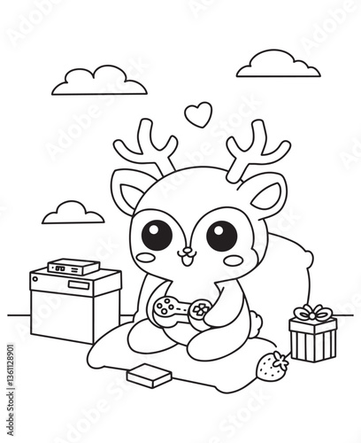 Coloring book deer playing video games with a controller among gifts, a strawberry, and clouds. Fun line art for coloring