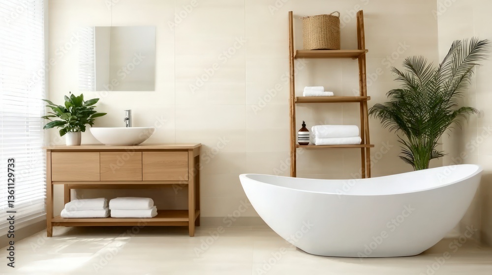 Fototapeta premium Luxurious Modern Bathroom Design Minimalist Tub Vanity and Plants