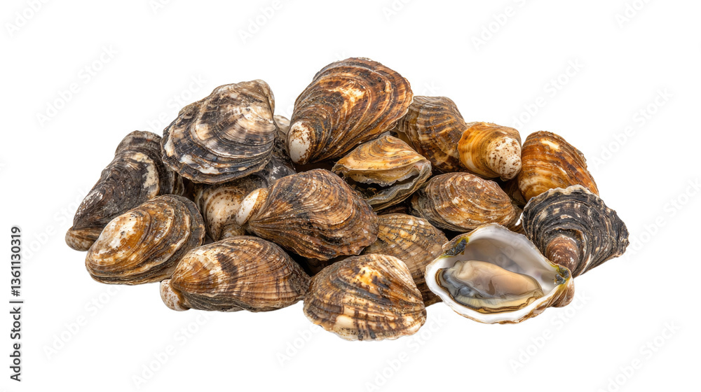 Pile of Freshly Harvested Clams and Shells on a White Background for Culinary and Marine Themes Pile of Freshly Harvested Clams and Shells on a White Background for Culinary and Marine Themes