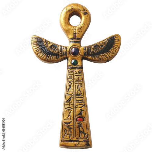 Ancient Egyptian ankh cross icon with detailed carvings, gold vector illustration