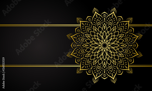 Gold vintage greeting card on a black background. Luxury vector ornament template. Mandala. Great for invitation, flyer, menu, brochure, postcard, wallpaper, decoration, or any desired idea.