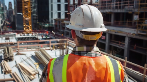 A construction worker wearing a safety hard hat while inspecting a construction site or supervising work progress