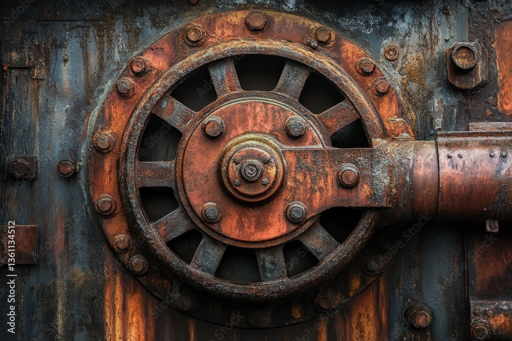 Rusty industrial machinery wheel detail Rusty industrial machinery wheel detail