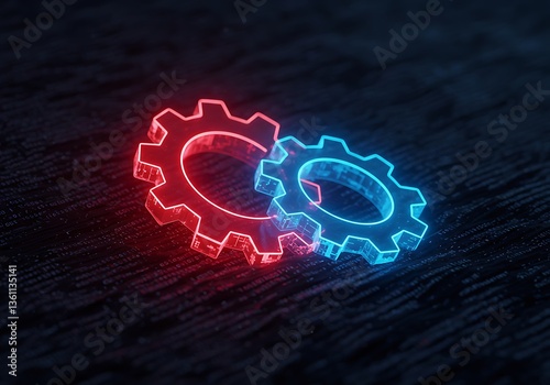 Two glowing gears are overlapping with vibrant red and blue lighting