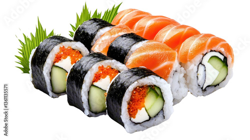 Fresh Sushi Platter Featuring Colorful Rolls with Salmon and Avocado on a Black Background