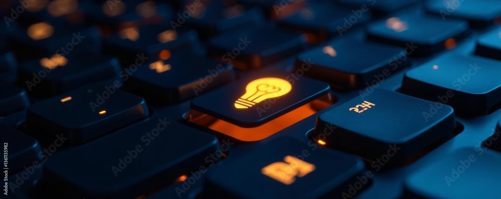 Fototapeta premium Close up of keyboard with glowing yellow light bulb symbol, keys, symbol