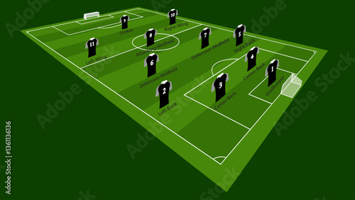 Isometric illustration of a soccer field with player positions labeled. Ideal for sports tactics 4-2-3-1, coaching strategies, and football analysis