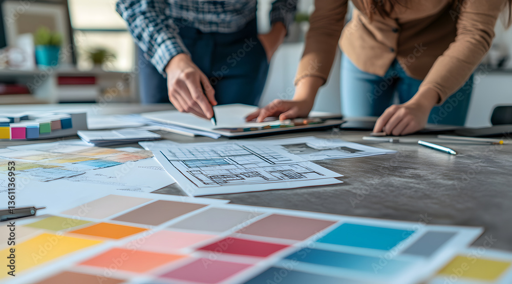 Creative Collaboration: Two individuals meticulously reviewing blueprints and color swatches on a design table, embodying the essence of creative partnership Creative Collaboration: Two individuals meticulously reviewing blueprints and color swatches on a design table, embodying the essence of creative partnership