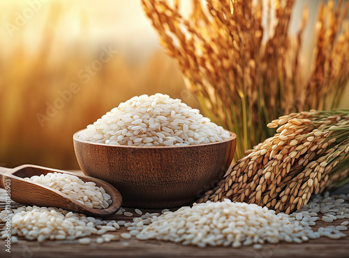 rice in wooden bowl next to wheat stalks
