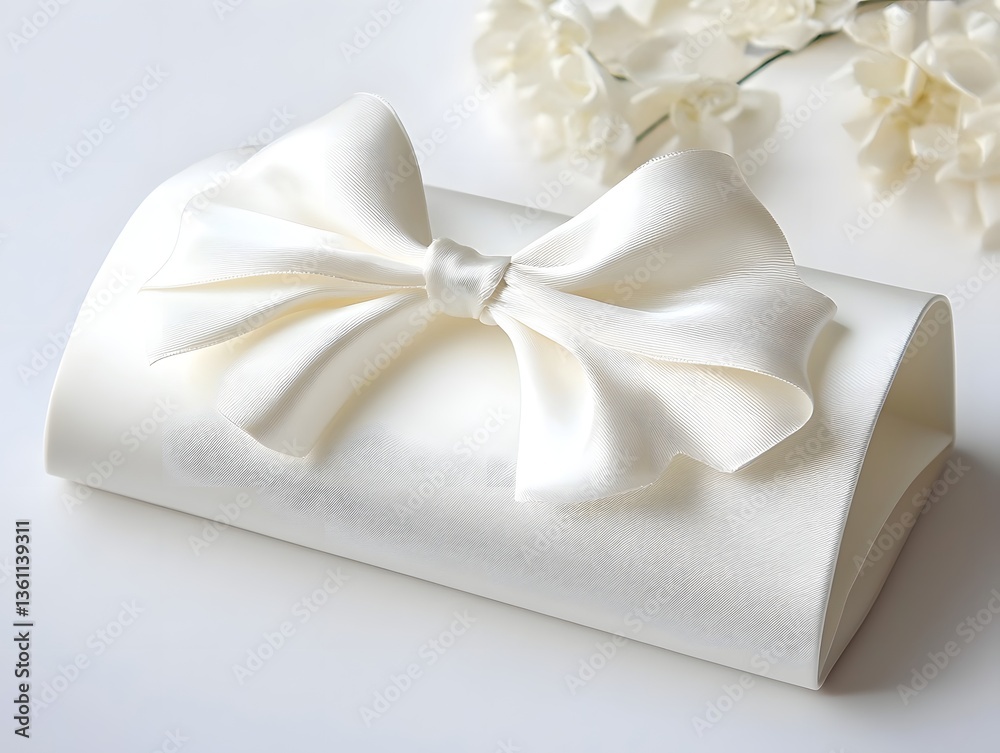 Elegant White Gift Box with Satin Bow Ribbon on Plain Background Elegant White Gift Box with Satin Bow Ribbon on Plain Background