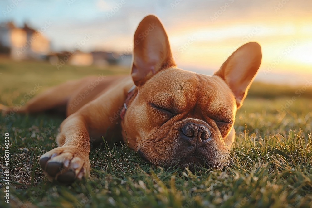Fototapeta premium Relaxed and Content French Bulldog Resting on Green Grass at Sunset, Capturing the Serenity and Warmth of Evening Nature Moments