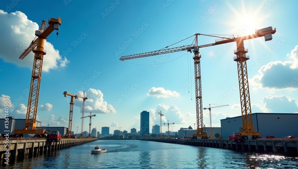 Fototapeta premium Industrial construction site with cranes and equipment, building, construction