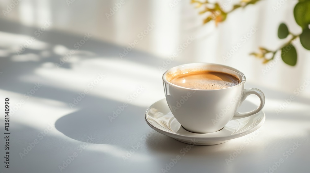 espresso coffee in a small white cup stands on the table. International Coffee Day espresso coffee in a small white cup stands on the table. International Coffee Day