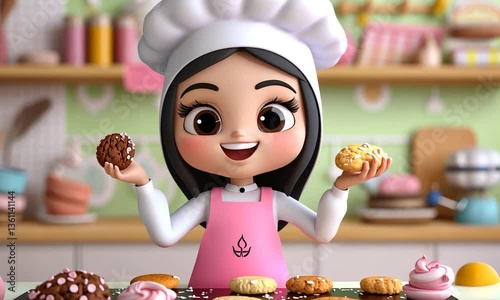 Cheerful young baker in a kitchen showcasing colorful cookies, with baking tools and decor in the background