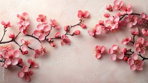 Plum blossoms scattered gracefully in an organic layout, gentle pink tones with intricate petal detailing, subtle shadow effects and a light textured backdrop, minimalist and elegant, hd quality.