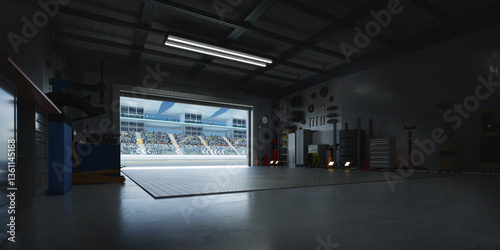Photography 3D Motorsport pit garage overlooking crowded stadium with open roller door