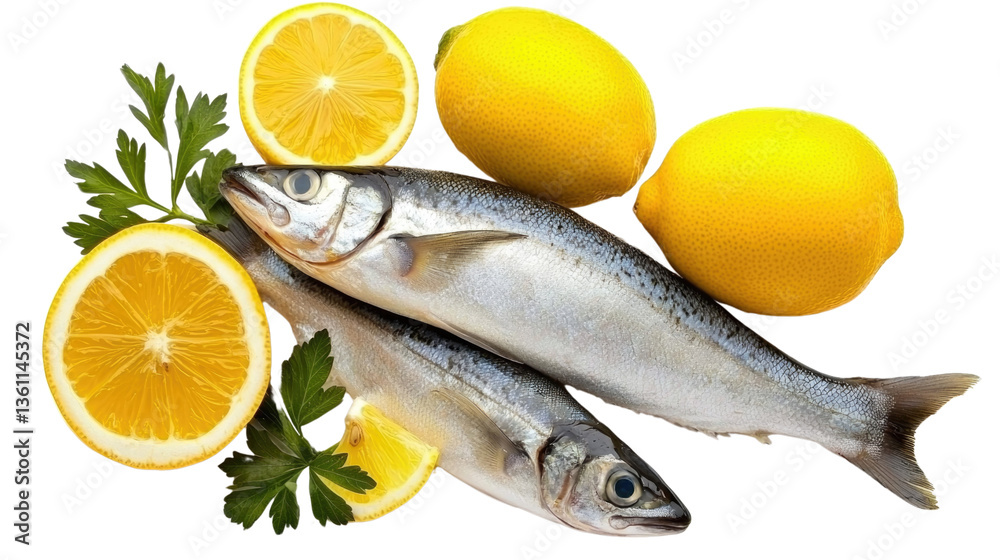 Fresh Fish with Lemon and Green Herb Garnish for Culinary Presentation and Recipe Ideas Fresh Fish with Lemon and Green Herb Garnish for Culinary Presentation and Recipe Ideas
