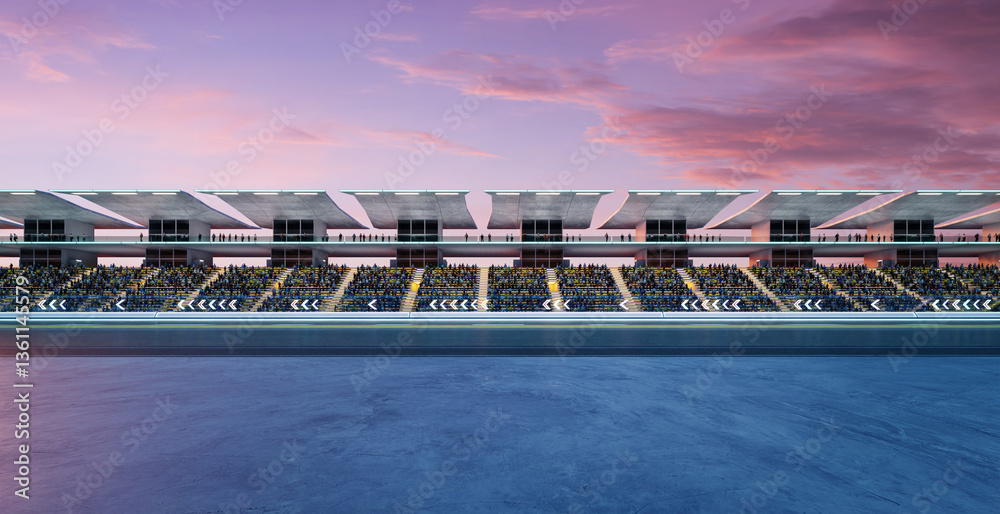 Fototapeta premium 3D Spectators filling stadium seats at dusk, awaiting race start