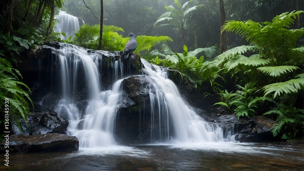 Obraz premium Echoes of Peace: The Sri Lanka Wood Pigeon by a Cascading Stream