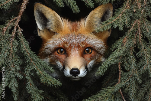 A cunning red fox stares out from behind a screen of evergreen pine branches