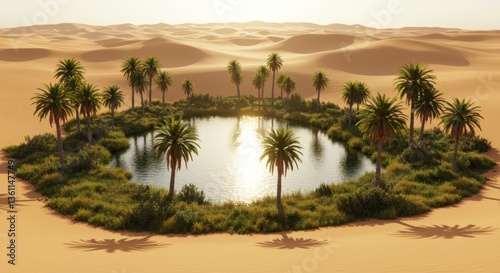 Fototapeta Naklejka Na Ścianę i Meble -  Serene Oasis Palm Trees Encircling a Reflecting Pool in a Desert Landscape